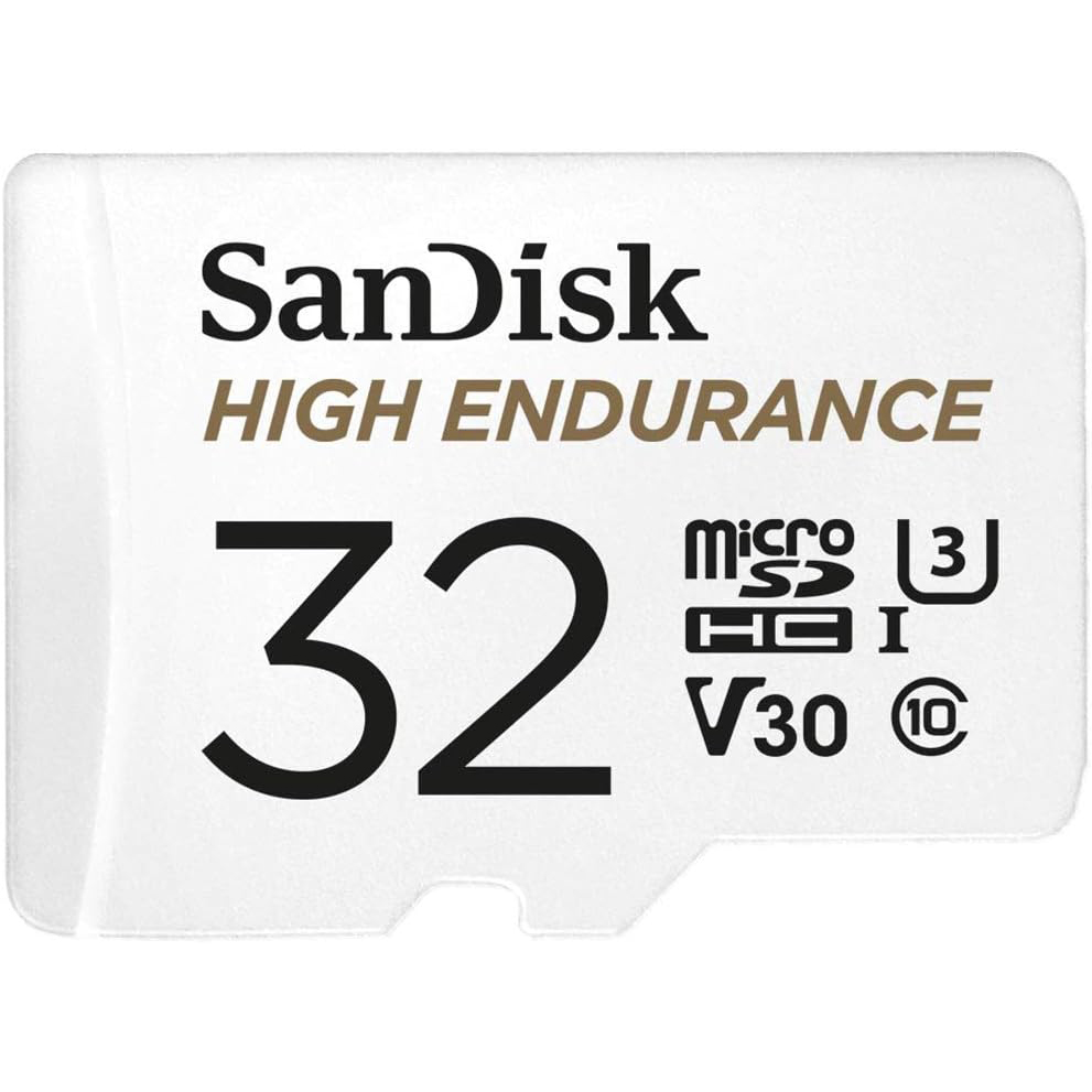 SDSQQNR-032G-GN6IA-0619659173067-SanDisk HIGH ENDURANCE Video Monitoring for Dashcams & Home Monitoring 32 GB microSDHC Memory Card + SD Adaptor, Up to 100 MB:s read and 40 MB:s Write, Class 10, U3, V30, White