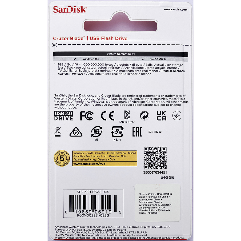 SanDisk Cruzer Blade 32GB USB Flash Drive SDCZ50-032G-B35 USB 2.0 - Retail Package - Back - ShopMoksha