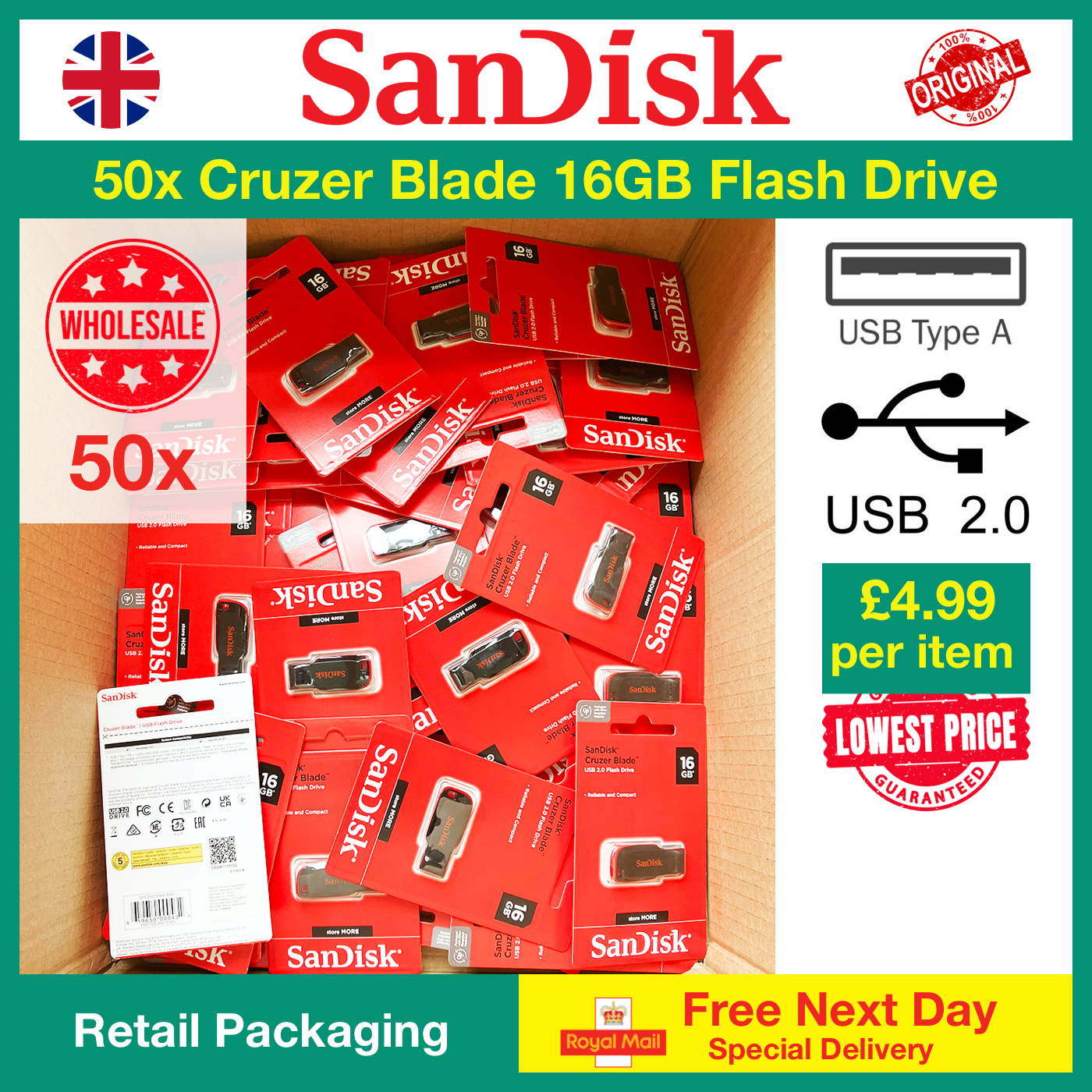50x SanDisk Cruzer Blade 16GB Flash Drive Wholesale