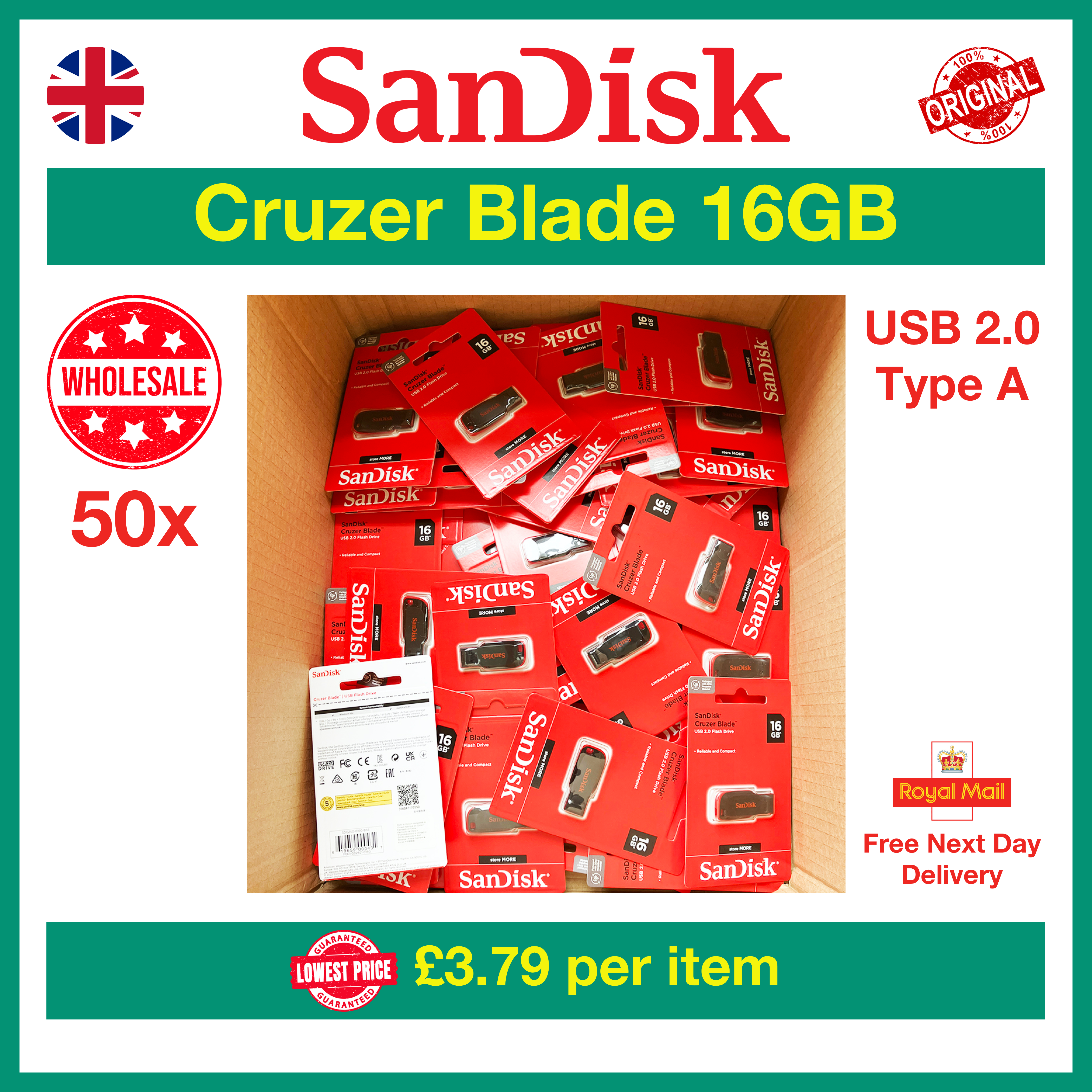 SanDisk Cruzer Blade 16GB USB Flash Drive Wholesale Bulk Deal, Lowest Price £3.79 per Item, MPN: SDCZ50-016G-B35, EAN: 0619659000431
