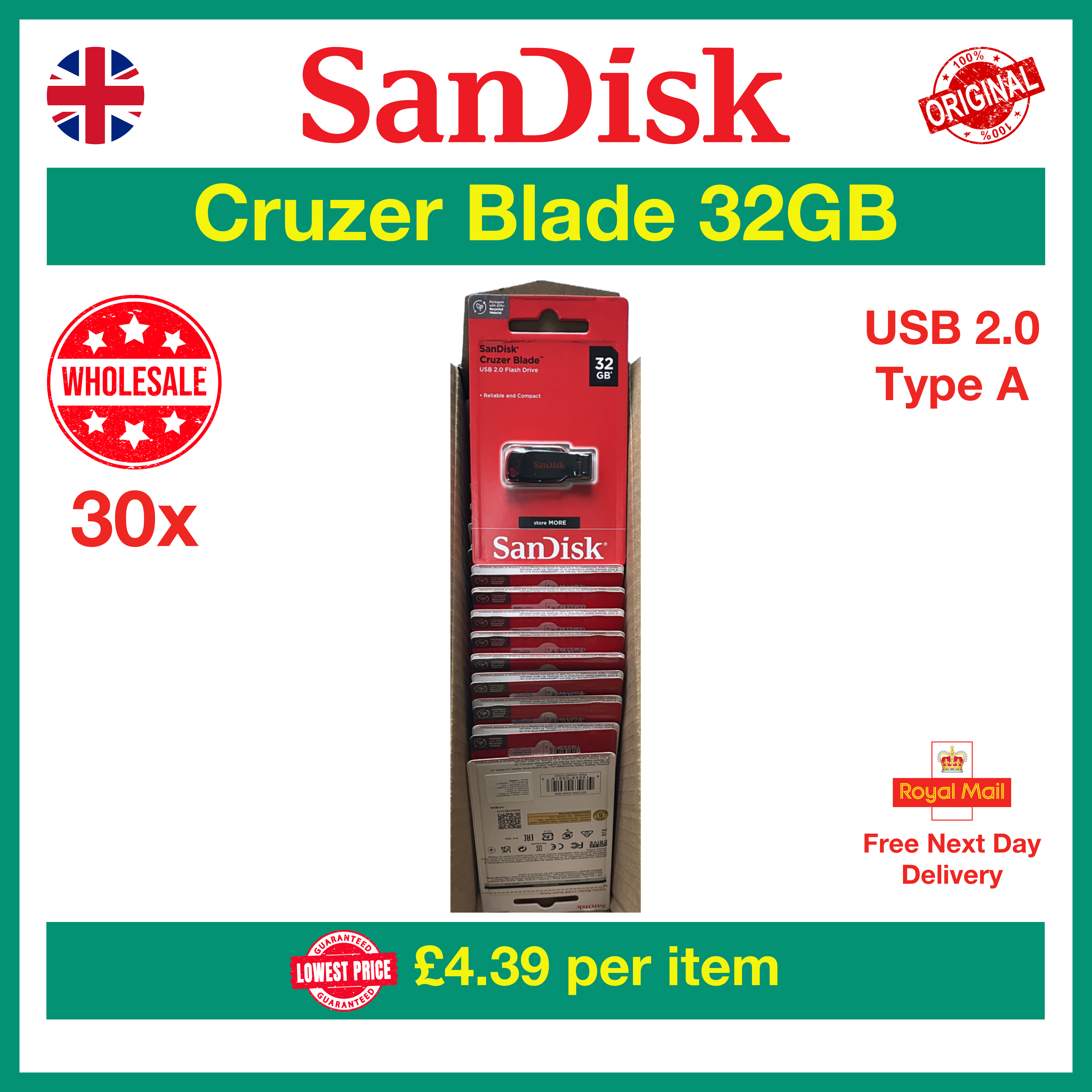 SanDisk Cruzer Blade USB 32GB Flash Drive Wholesale Bulk Deal Lot, Lowest Price £4.49 per Item – MPN: SDCZ50-032G-B35, EAN: 0619659069193