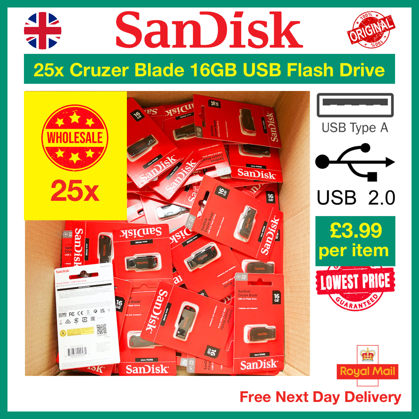 25x SanDisk Cruzer Blade 16GB USB Flash Drive Wholesale Lowest Price Bulk Price Lot