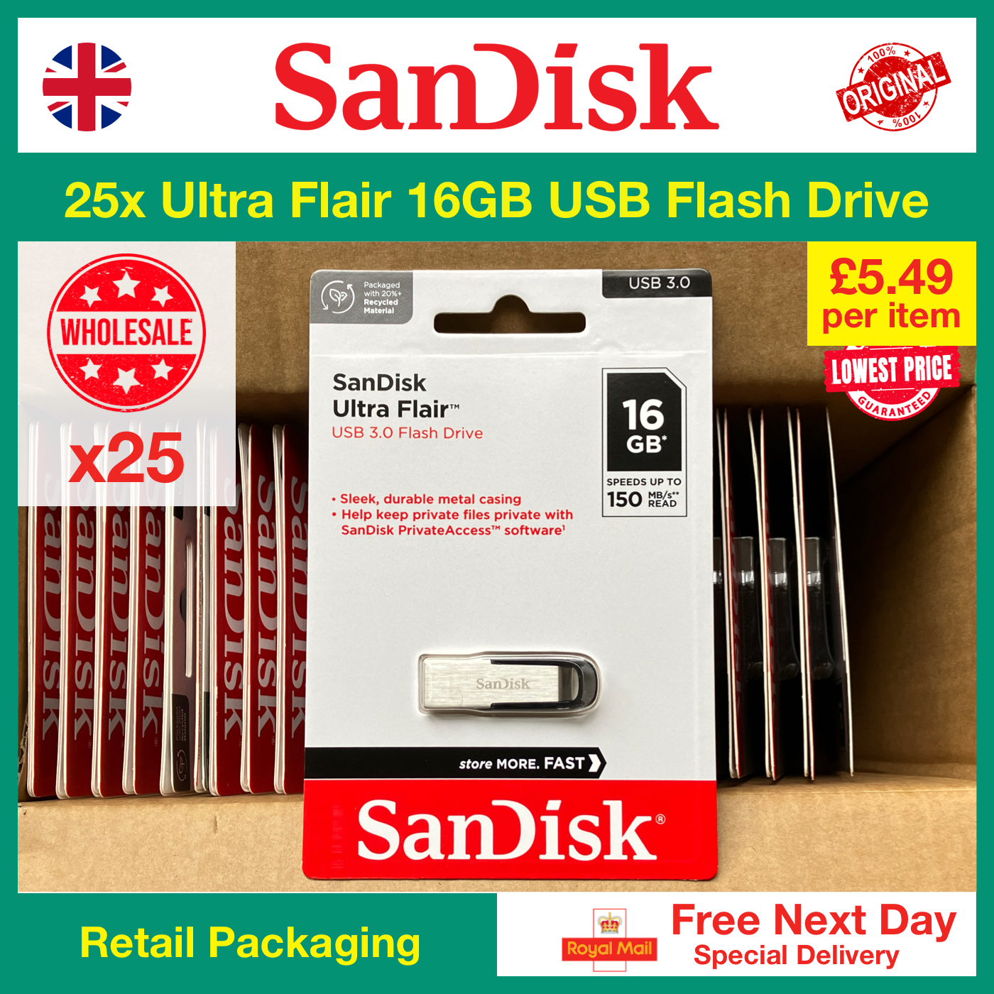 25x SanDisk Ultra Flair 16GB Flash Drives Wholesale
