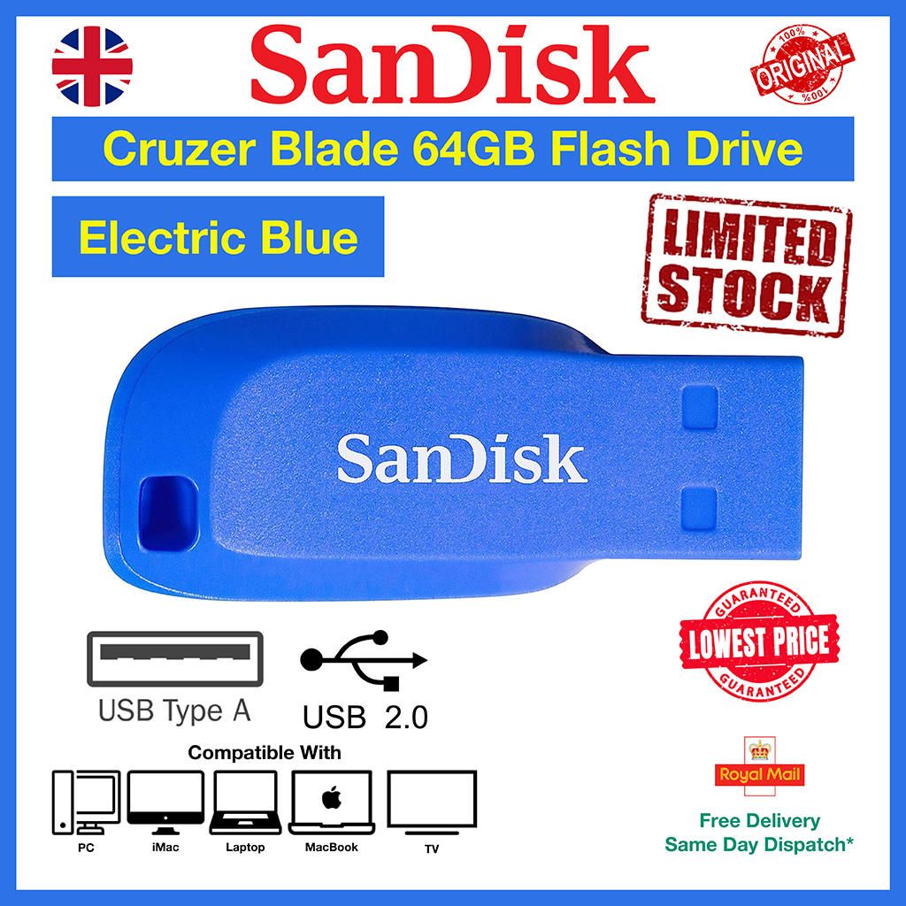 San Disk Cruzer Blade 64GB USB Flash Drive, Electric Blue - MPN: SDCZ50C-064G-B35BE - EAN: 0619659146931 - Lowest Price, Free Delivery, Same Day Dispatch
