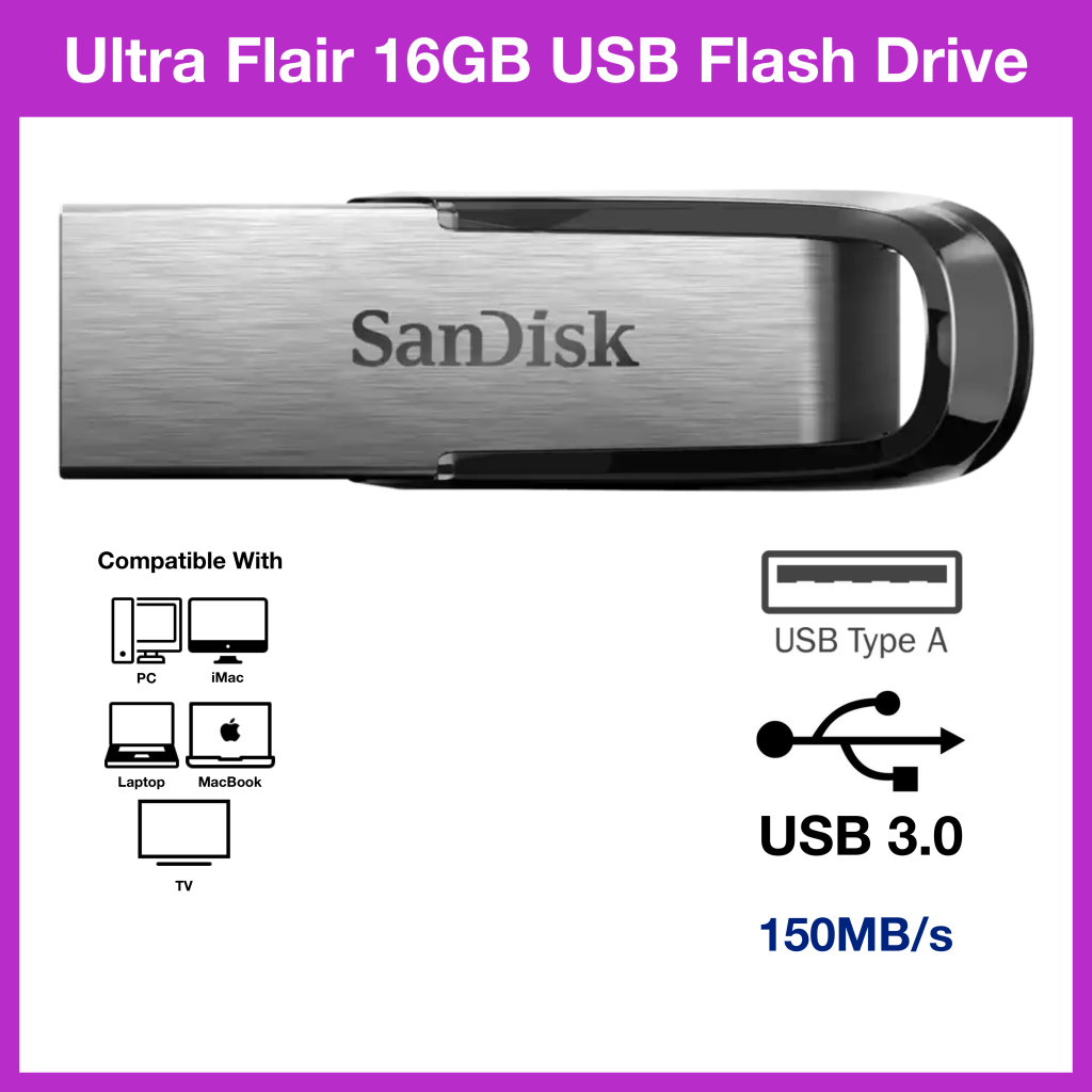 SanDisk Ultra Flair 16GB USB Flash Drive, USB 3.0, Type-A Windows 11 Bootable Drive