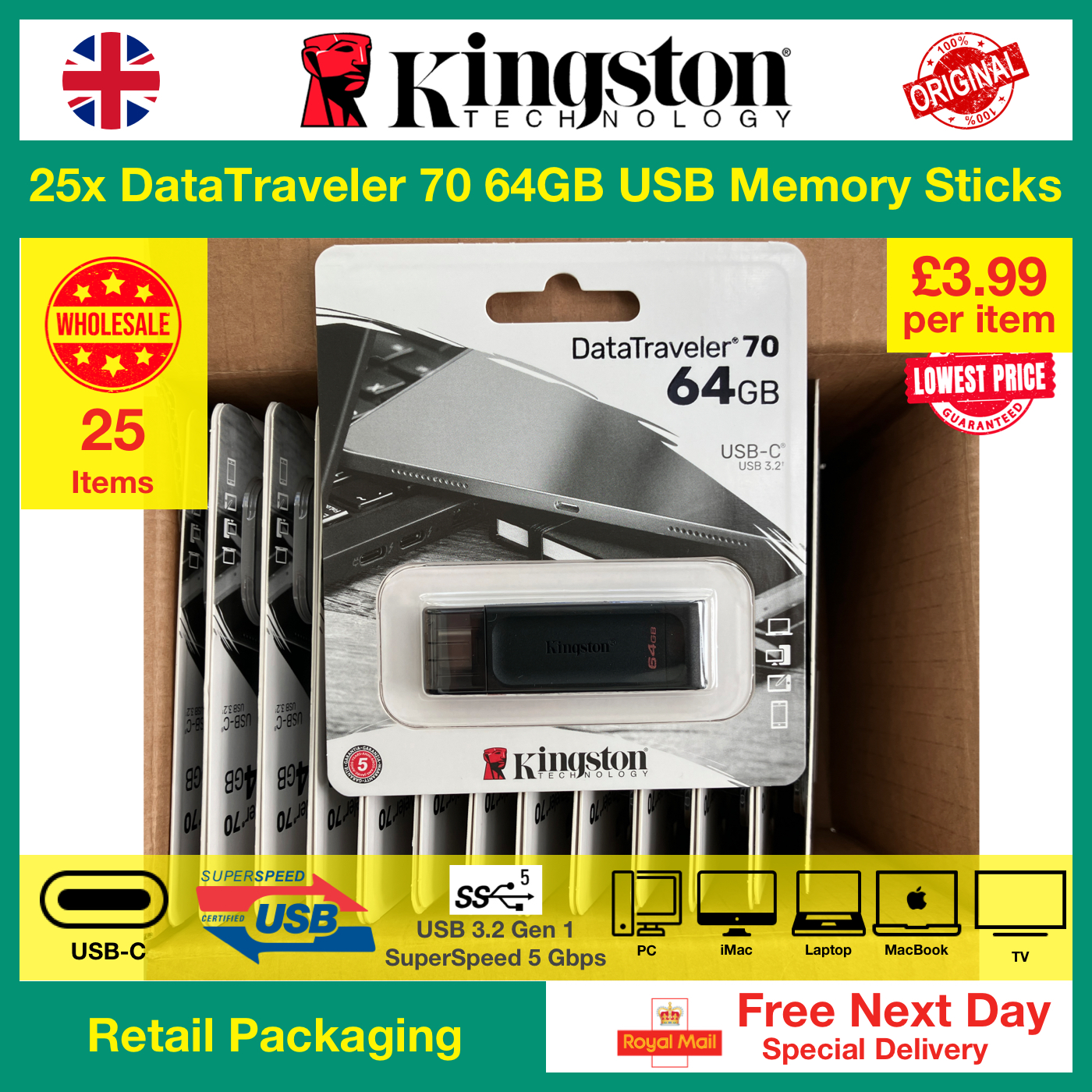 25x Data Traveler 70 64GB USB Memory Stick USB-C