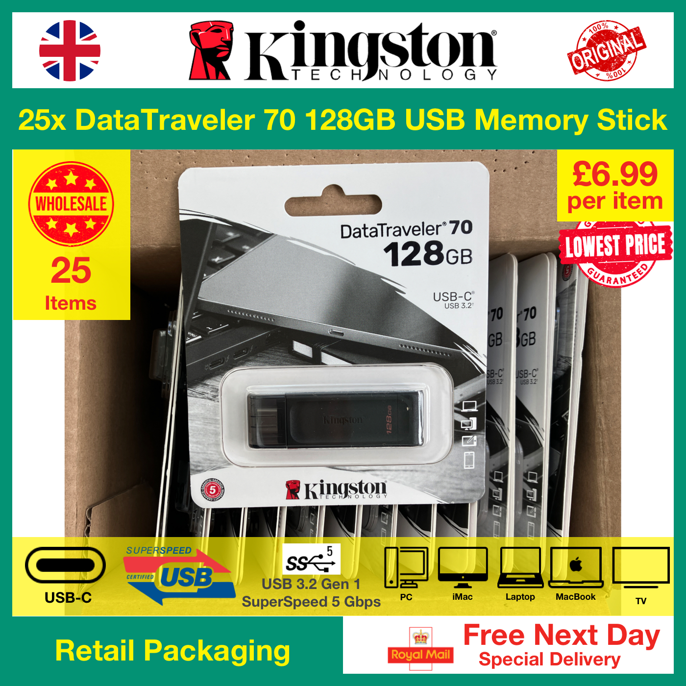 25x Kingston Data Traveler 70 128GB USB Memory Stick USB-C