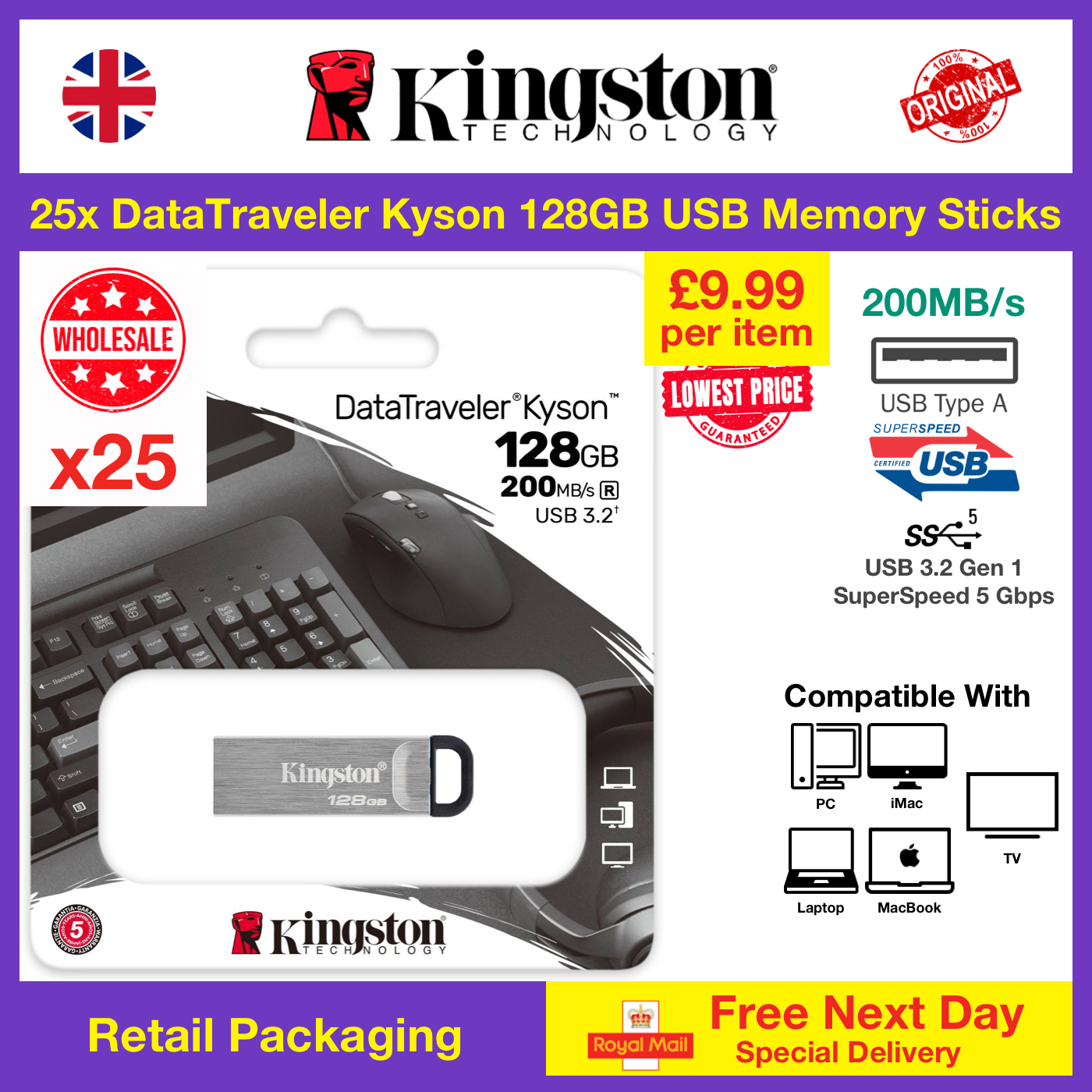 25x Kingston DataTraveler Kyson 128GB USB Memory Stick Flash Drive Wholesale@1x