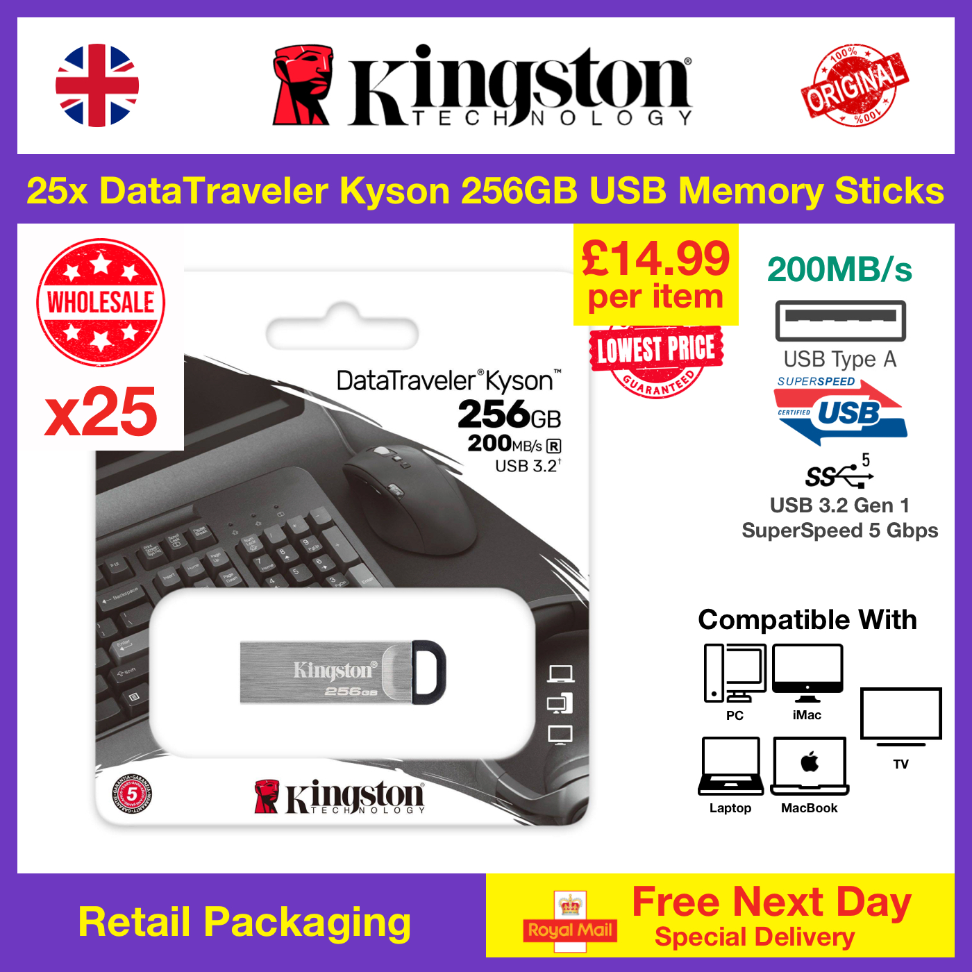 25x Kingston DataTraveler Kyson 256GB USB Memory Stick Flash Drive