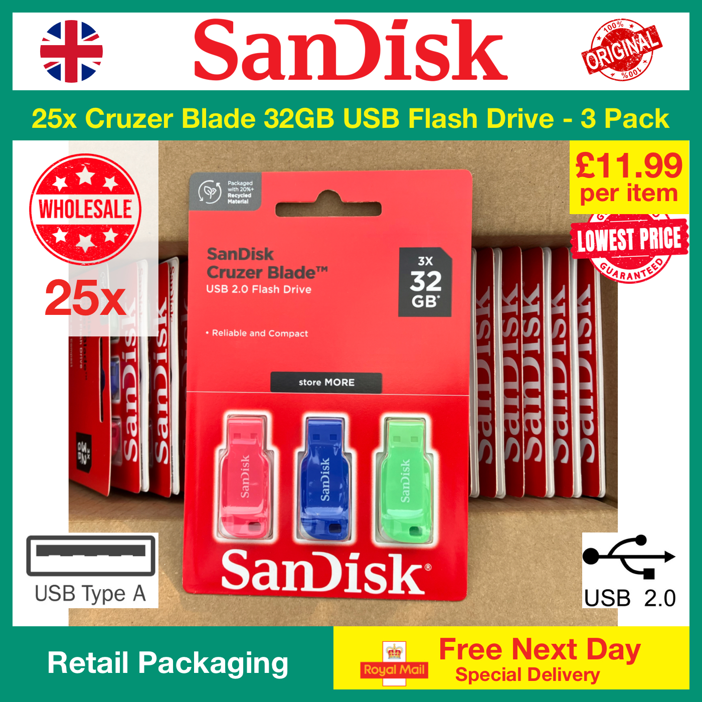 25x SanDisk Cruzer Blade 32GB 3-Pack USB Flash Drive 3 Pack Wholesale