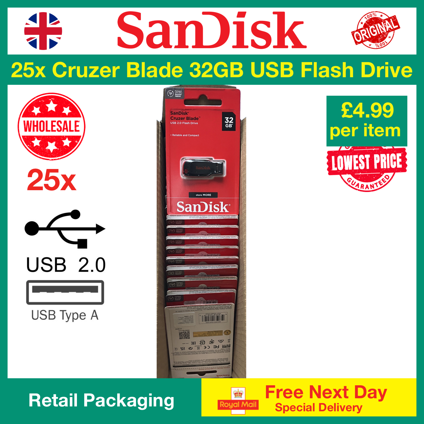 25x SanDisk Cruzer Blade 32GB USB Flash Drive Wholesale