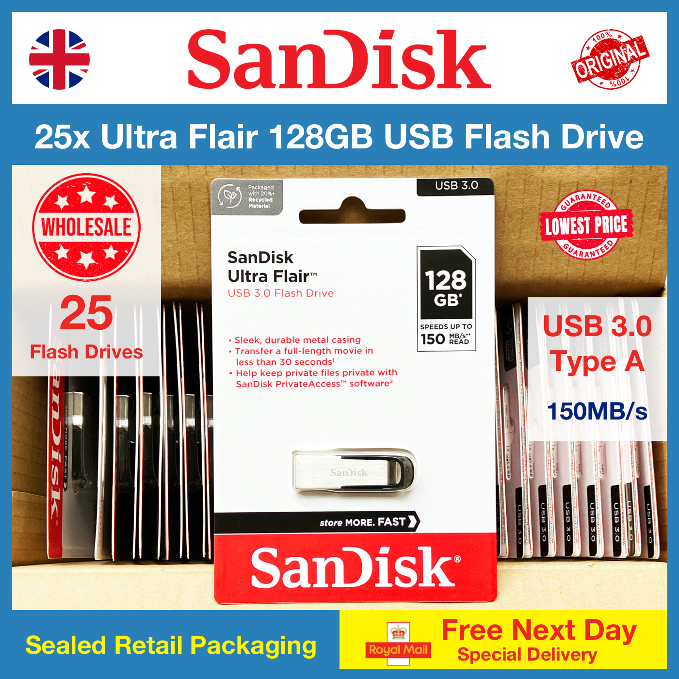 25x SanDisk Ultra Flair 128GB USB Flash Drive Wholesale Shop Moksha