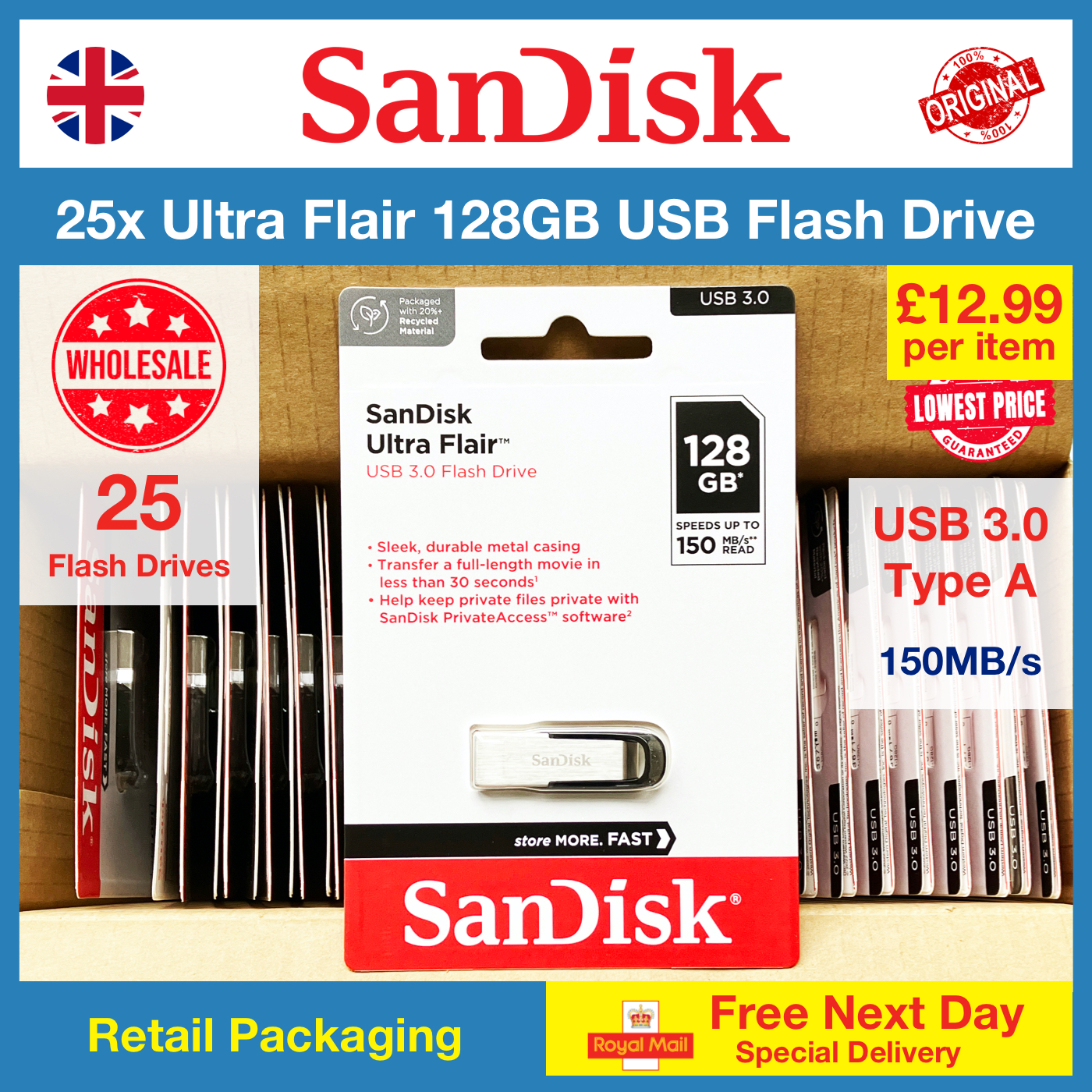 25x SanDisk Ultra Flair 128GB USB Flash Drive Wholesale Shop Moksha