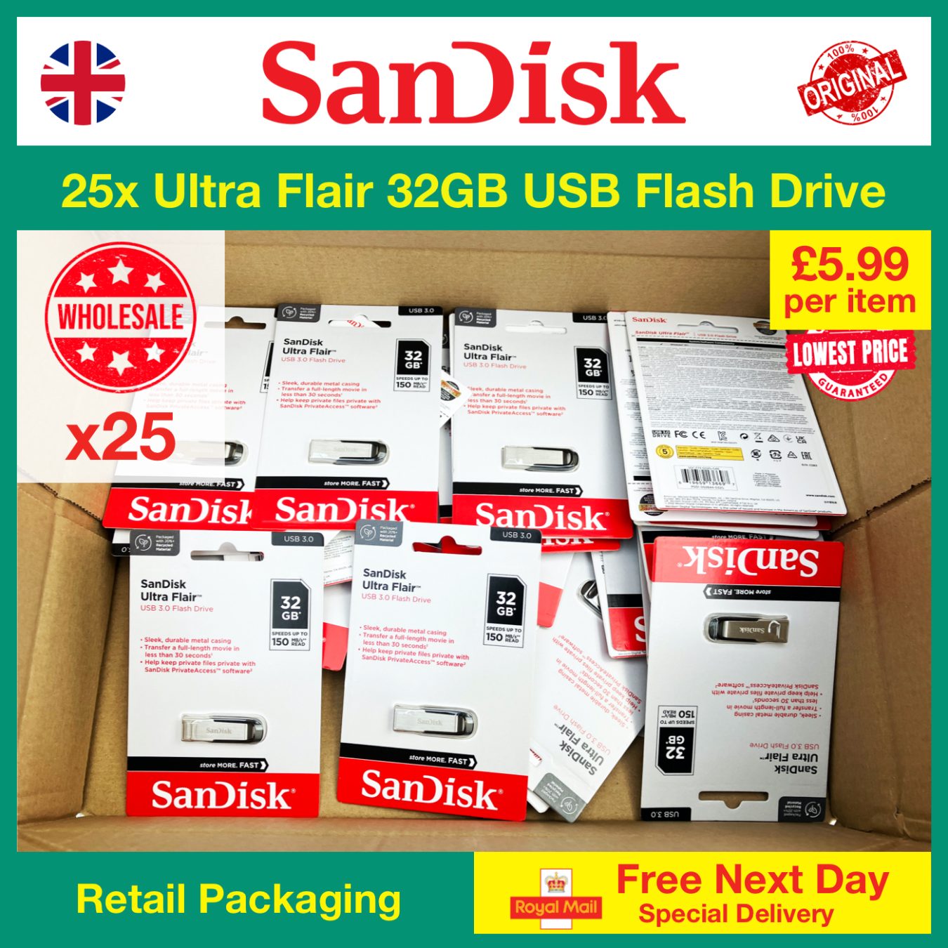 25x SanDisk Ultra Flair 32GB Flash Drives Wholesale