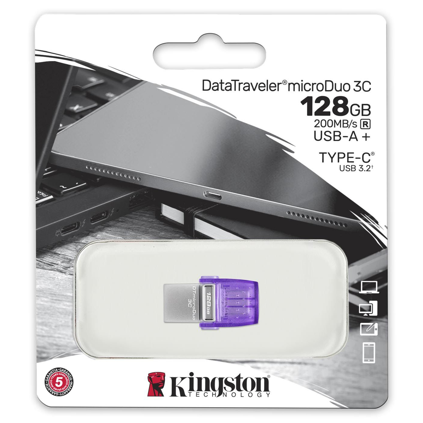 Kingston Data Traveler MicroDuo 3C USB Flash Drive 128GB USB Gen 3 Type-C & USB-A